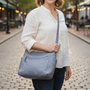 ❤️ vera bradley Gallatin Storm Cloud Leather Carryall Shoulder Bag Gray